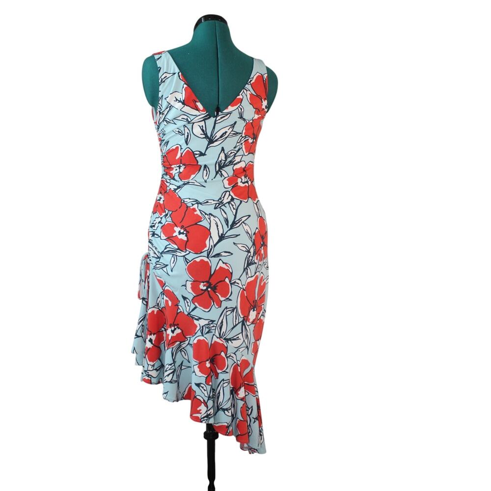 Maggy London Floral Asymmetrical Midi Dress Blue Red Poppy Print Women’s 2